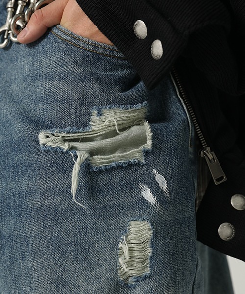 MASONPRINCE(メイソンプリンス)の「ワイドシルエットダメージ×チェック柄加工デニムパンツ NZK6116【MASONPRINCE】(デニムパンツ・メンズ・ブルー/ダークグレー・S/M/L)」の9枚目の写真