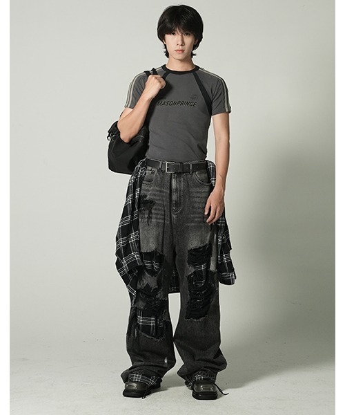 MASONPRINCE(メイソンプリンス)の「ワイドシルエットダメージ×チェック柄加工デニムパンツ NZK6116【MASONPRINCE】(デニムパンツ・メンズ・ブルー/ダークグレー・S/M/L)」の17枚目の写真