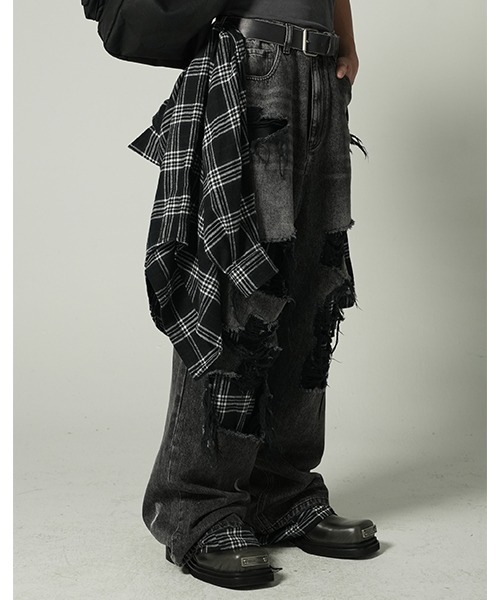 MASONPRINCE ダメージデニムパンツ ブラック ワイドシルエットダメージ×チェック柄加工デニムパンツ NZK6116
