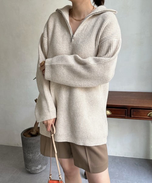 DouDou(ドゥドゥ)の「アンゴラ混ハーフジップチュニック(ニット/セーター・レディース・ベージュ/ライトグレー/ブラック・FREE)」の18枚目の写真