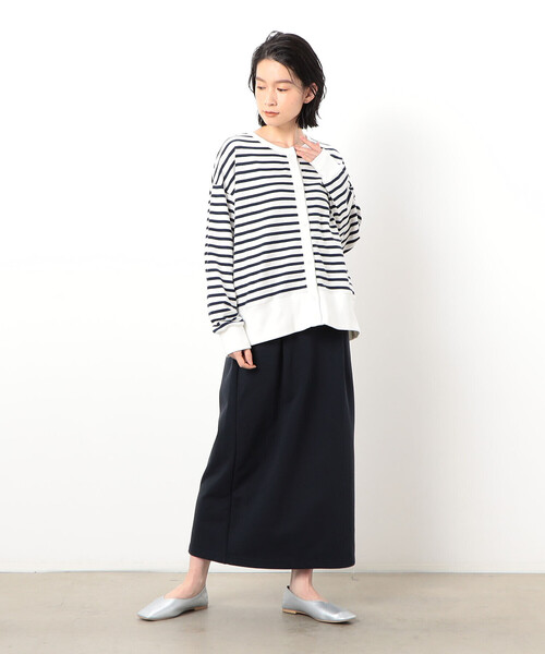 ONIGIRI（オニギリ）の「ボーダークルーネックカーディガン（カーディガン/ボレロ・レディース・ベージュ/グリーン系その他/ホワイト×ネイビー・FREE）」の4枚目の写真