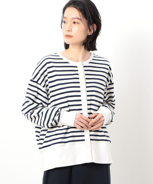 ONIGIRI（オニギリ）の「ボーダークルーネックカーディガン（カーディガン/ボレロ・レディース・ベージュ/グリーン系その他/ホワイト×ネイビー・FREE）」の5枚目の写真