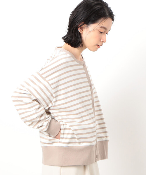 ONIGIRI（オニギリ）の「ボーダークルーネックカーディガン（カーディガン/ボレロ・レディース・ベージュ/グリーン系その他/ホワイト×ネイビー・FREE）」の7枚目の写真
