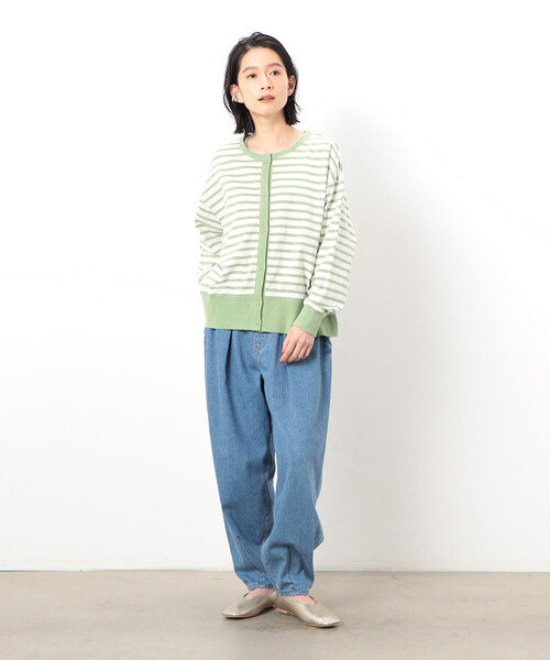 ONIGIRI（オニギリ）の「ボーダークルーネックカーディガン（カーディガン/ボレロ・レディース・ベージュ/グリーン系その他/ホワイト×ネイビー・FREE）」の8枚目の写真