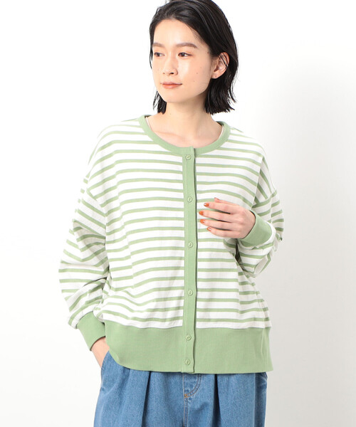 ONIGIRI（オニギリ）の「ボーダークルーネックカーディガン（カーディガン/ボレロ・レディース・ベージュ/グリーン系その他/ホワイト×ネイビー・FREE）」の9枚目の写真