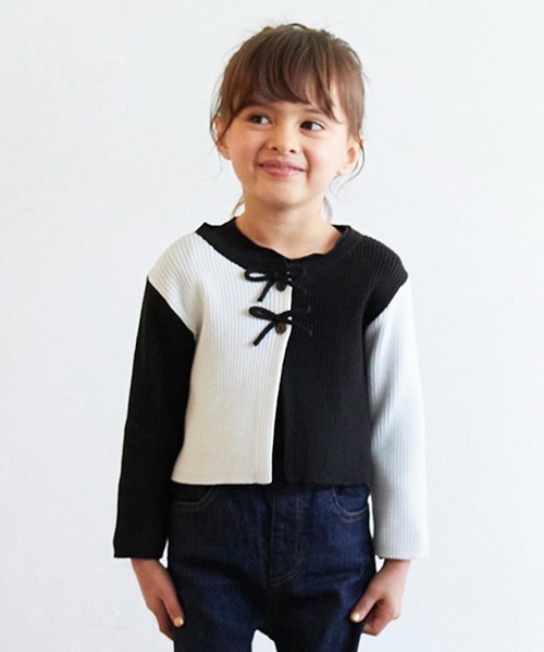 petit main（プティマイン）の「バイカラーカーディガン（ニット/セーター・キッズ・オフホワイト/ライトベージュ/ブラック・L/M/S）」の3枚目の写真