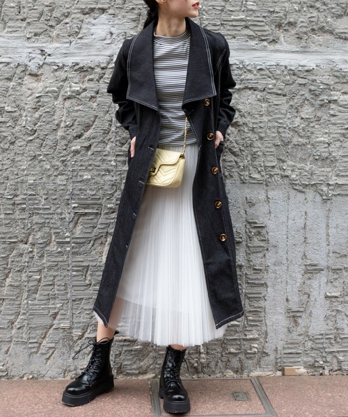 pumpkin port(パンプキンポート)の「ストレッチデニム ワンピースコート(トレンチコート・レディース・ブラック/ネイビー・MEDIUM)」の16枚目の写真