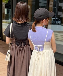 [ プチレタス ] ふくれジャガードバックリボンキャミワンピース