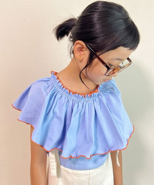 CIAOPANIC TYPY（チャオパニックティピー）の「【KIDS】USAコットン2WAYフリルビッグカラーノースリーブ（Tシャツ/カットソー・キッズ・チャコールグレー/サックスブルー/アイボリー/ブルー・S/M/L/XL/XXL）」の3枚目の写真