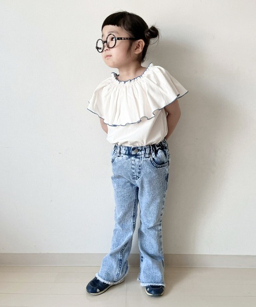CIAOPANIC TYPY（チャオパニックティピー）の「【KIDS】USAコットン2WAYフリルビッグカラーノースリーブ（Tシャツ/カットソー・キッズ・チャコールグレー/サックスブルー/アイボリー/ブルー・S/M/L/XL/XXL）」の2枚目の写真