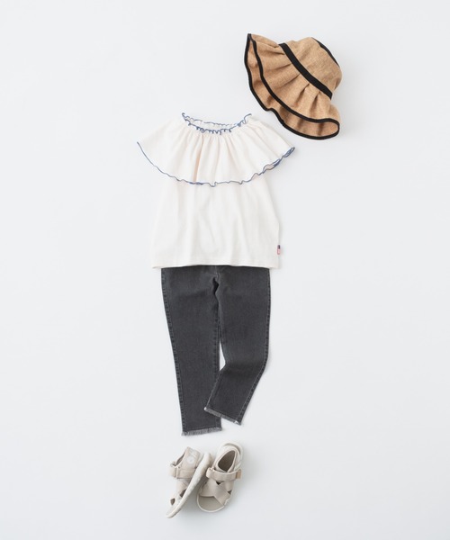 CIAOPANIC TYPY（チャオパニックティピー）の「【KIDS】USAコットン2WAYフリルビッグカラーノースリーブ（Tシャツ/カットソー・キッズ・チャコールグレー/サックスブルー/アイボリー/ブルー・S/M/L/XL/XXL）」の7枚目の写真