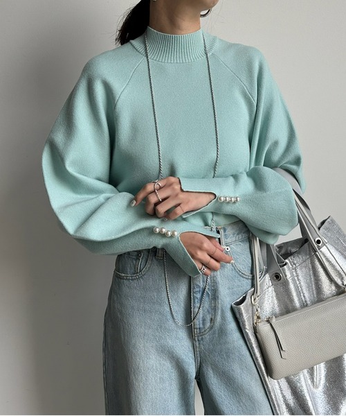 DouDou（ドゥドゥ）の「【新色追加】【WEB限定】 ミラノリブ袖パールトップス（ニット/セーター・レディース・オフホワイト/ブラック/ベージュ/オレンジ/グレー/サックスブルー/ピンク・FREE）」の6枚目の写真