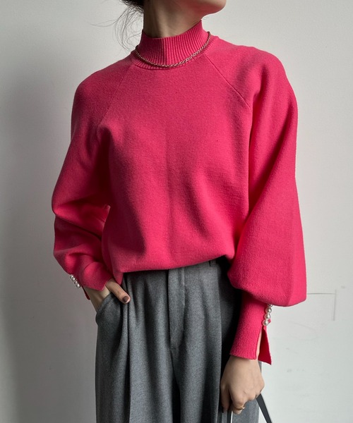 DouDou（ドゥドゥ）の「【新色追加】【WEB限定】 ミラノリブ袖パールトップス（ニット/セーター・レディース・オフホワイト/ブラック/ベージュ/オレンジ/グレー/サックスブルー/ピンク・FREE）」の7枚目の写真