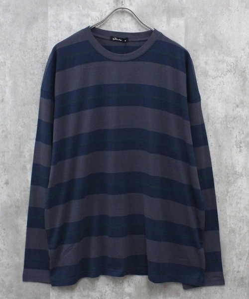 SHISKY(シスキー)の「ボーダーBIGシルエット ロンT(Tシャツ/カットソー・メンズ・チャコール/ベージュ/ネイビー/オフホワイト/ダークグリーン/ブラック/グレー系/ベージュ系/パープル系/ホワイト系/ブラック系・M/L/XL)」の7枚目の写真