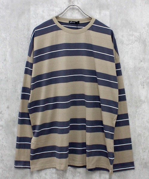 SHISKY(シスキー)の「ボーダーBIGシルエット ロンT(Tシャツ/カットソー・メンズ・チャコール/ベージュ/ネイビー/オフホワイト/ダークグリーン/ブラック/グレー系/ベージュ系/パープル系/ホワイト系/ブラック系・M/L/XL)」の9枚目の写真