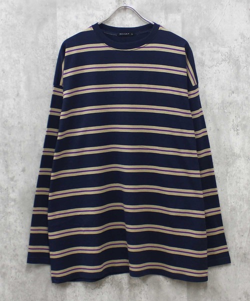 SHISKY(シスキー)の「ボーダーBIGシルエット ロンT(Tシャツ/カットソー・メンズ・チャコール/ベージュ/ネイビー/オフホワイト/ダークグリーン/ブラック/グレー系/ベージュ系/パープル系/ホワイト系/ブラック系・M/L/XL)」の1枚目の写真