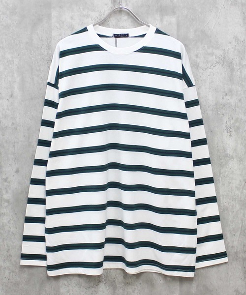 SHISKY(シスキー)の「ボーダーBIGシルエット ロンT(Tシャツ/カットソー・メンズ・チャコール/ベージュ/ネイビー/オフホワイト/ダークグリーン/ブラック/グレー系/ベージュ系/パープル系/ホワイト系/ブラック系・M/L/XL)」の2枚目の写真