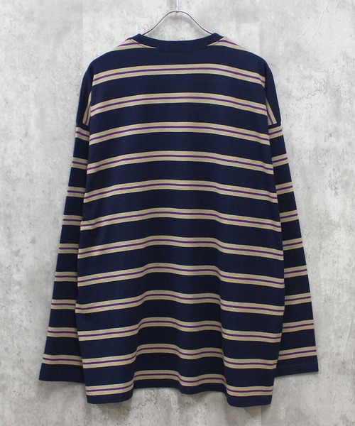 SHISKY(シスキー)の「ボーダーBIGシルエット ロンT(Tシャツ/カットソー・メンズ・チャコール/ベージュ/ネイビー/オフホワイト/ダークグリーン/ブラック/グレー系/ベージュ系/パープル系/ホワイト系/ブラック系・M/L/XL)」の12枚目の写真