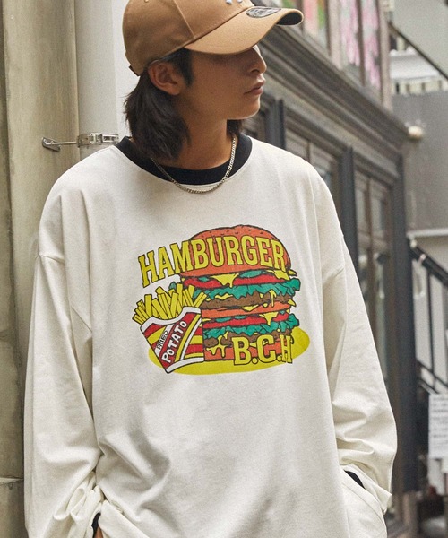 MONO-MART(モノマート)の「ヴィンテージライクフードショップデザイン リンガー ビッグ長袖Tシャツ(Tシャツ/カットソー・メンズ・オートミール/アイボリー/ホワイト系2/ブラウン系2/アイボリー系・M/L)」の2枚目の写真