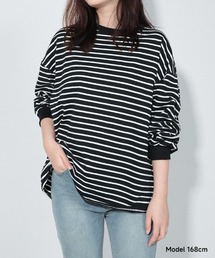 無地/ボーダーボリューム袖コットン長袖Tシャツ