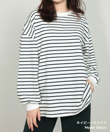 無地/ボーダーボリューム袖コットン長袖Tシャツ