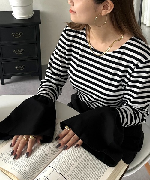 prose verse（プロズヴェール）の「スリットフレアスリーブリブカットソー（Tシャツ/カットソー・レディース・ブラック系1/オフホワイト/ブラック・ﾌﾘ-）」の3枚目の写真