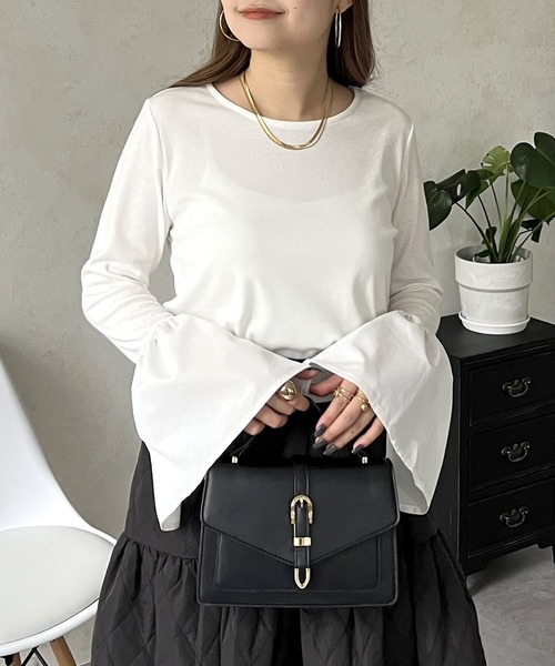 prose verse（プロズヴェール）の「スリットフレアスリーブリブカットソー（Tシャツ/カットソー・レディース・ブラック系1/オフホワイト/ブラック・ﾌﾘ-）」の7枚目の写真