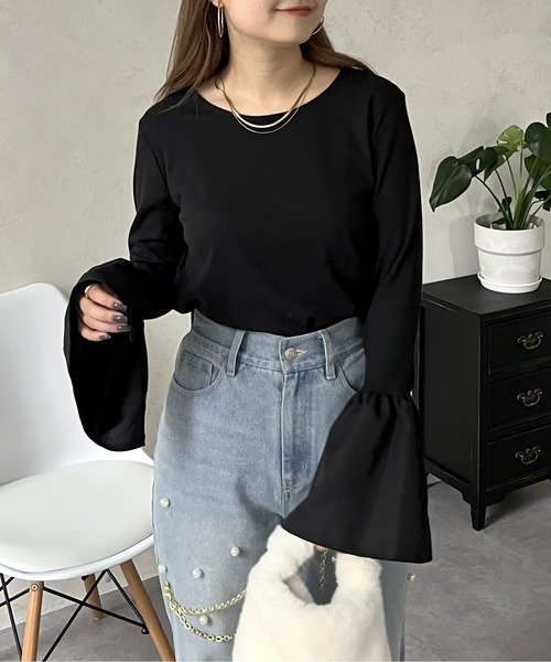 prose verse（プロズヴェール）の「スリットフレアスリーブリブカットソー（Tシャツ/カットソー・レディース・ブラック系1/オフホワイト/ブラック・ﾌﾘ-）」の19枚目の写真