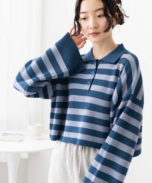 WEGO（ウィゴー）の「WEGO/ボーダーニットポロ（ニット/セーター・レディース・ブラック系その他5/ブルー系その他5/グリーン系その他5・FREE）」の3枚目の写真