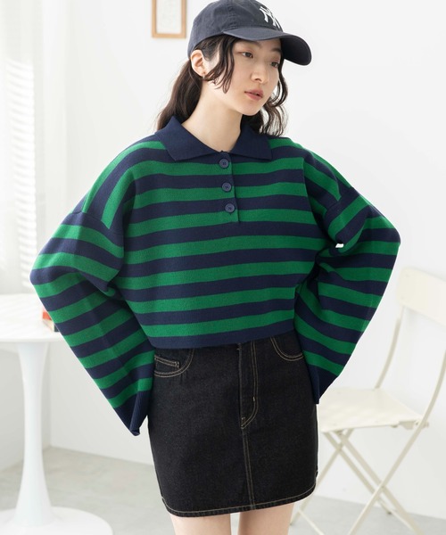 WEGO（ウィゴー）の「WEGO/ボーダーニットポロ（ニット/セーター・レディース・ブラック系その他5/ブルー系その他5/グリーン系その他5・FREE）」の14枚目の写真