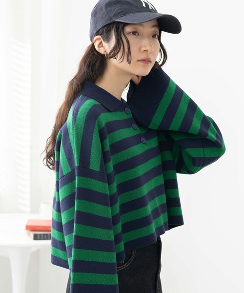 WEGO（ウィゴー）の「WEGO/ボーダーニットポロ（ニット/セーター・レディース・ブラック系その他5/ブルー系その他5/グリーン系その他5・FREE）」の16枚目の写真