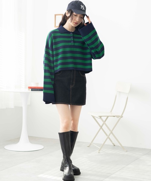 WEGO（ウィゴー）の「WEGO/ボーダーニットポロ（ニット/セーター・レディース・ブラック系その他5/ブルー系その他5/グリーン系その他5・FREE）」の5枚目の写真