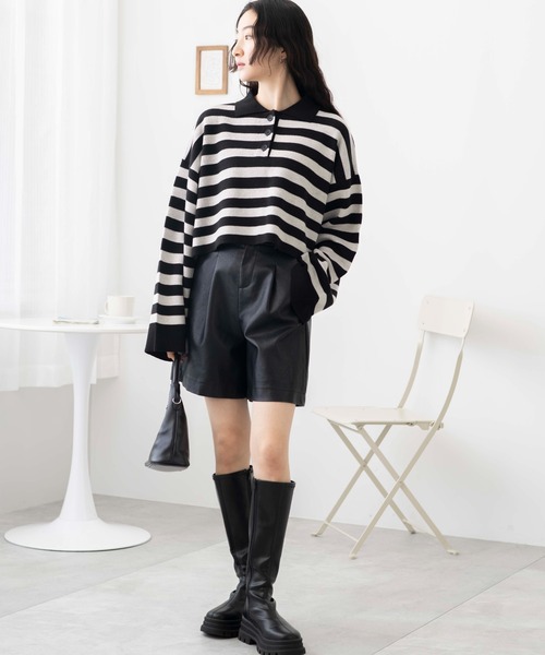 WEGO（ウィゴー）の「WEGO/ボーダーニットポロ（ニット/セーター・レディース・ブラック系その他5/ブルー系その他5/グリーン系その他5・FREE）」の4枚目の写真