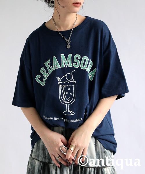 antiqua(アンティカ)の「フードロゴTシャツ(Tシャツ/カットソー・レディース・ネイビー/ブラック/イエロー/オフホワイト/杢グレー/ピンク・FREE)」の1枚目の写真