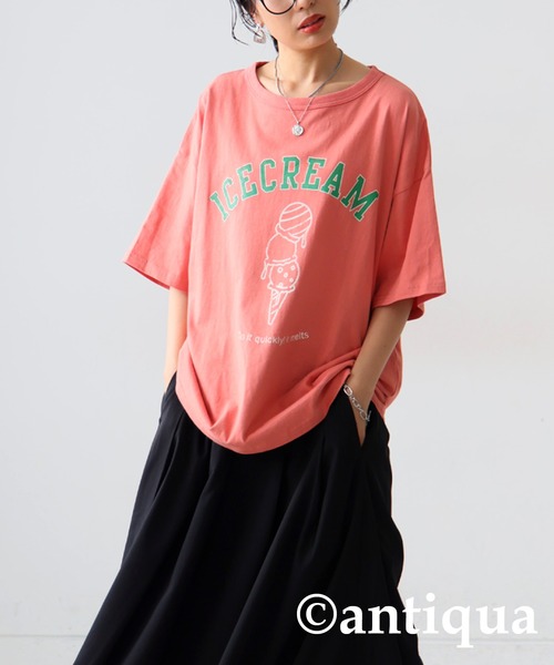 antiqua(アンティカ)の「フードロゴTシャツ(Tシャツ/カットソー・レディース・ネイビー/ブラック/イエロー/オフホワイト/杢グレー/ピンク・FREE)」の6枚目の写真