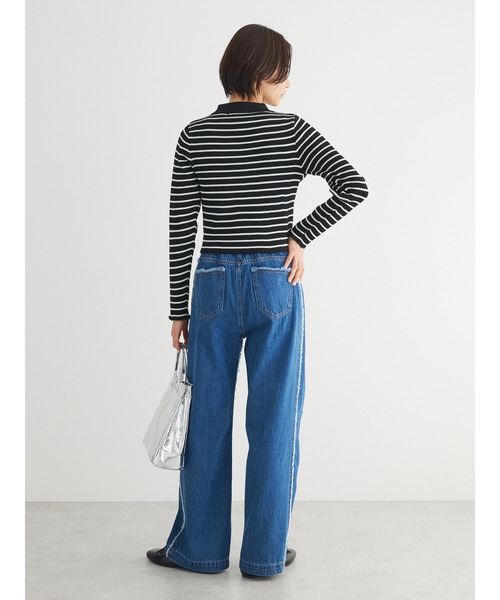 Green　Parks（グリーンパークス）の「・Double　Flagsフリンジラインストレートデニム（デニムパンツ・レディース・インディゴブルー・FREE）」の4枚目の写真