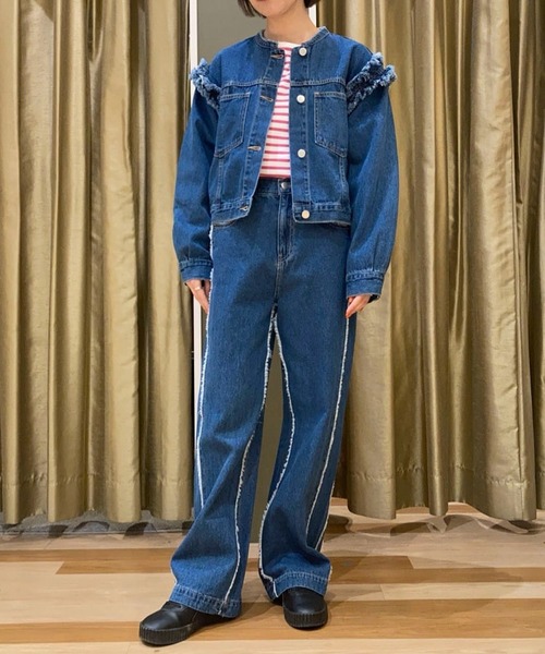 Green　Parks（グリーンパークス）の「・Double　Flagsフリンジラインストレートデニム（デニムパンツ・レディース・インディゴブルー・FREE）」の14枚目の写真