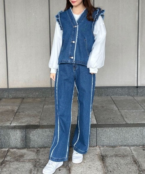 Green　Parks（グリーンパークス）の「・Double　Flagsフリンジラインストレートデニム（デニムパンツ・レディース・インディゴブルー・FREE）」の22枚目の写真