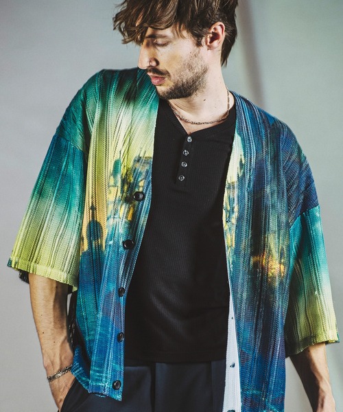 NO ID.（ノーアイディ）の「【NO ID.】All Over Pattern Sheer Knit Cardigan / 総柄 シアー ニット カーディガン（カーディガン/ボレロ・メンズ・ベージュ/ピンク/ブルー・ONE SIZE）」の2枚目の写真
