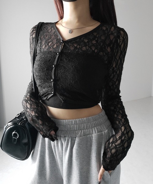 me+em select(ミームセレクト)の「【 2color 】フロントボタンショートレースカーディガン / front button short lace cardigan(カーディガン/ボレロ・レディース・ブラック/ホワイト・FREE)」の7枚目の写真