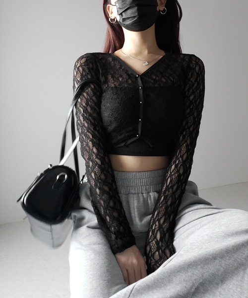 2color 】フロントボタンショートレースカーディガン ／ front button