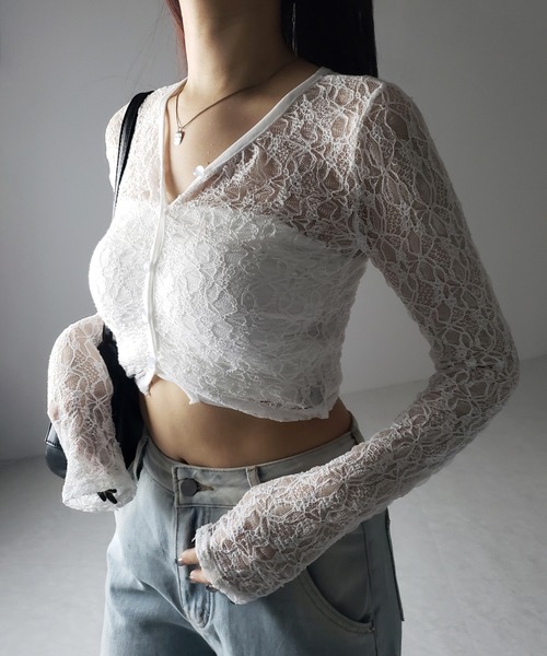 me+em select(ミームセレクト)の「【 2color 】フロントボタンショートレースカーディガン / front button short lace cardigan(カーディガン/ボレロ・レディース・ブラック/ホワイト・FREE)」の16枚目の写真