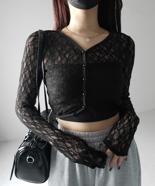 me+em select(ミームセレクト)の「【 2color 】フロントボタンショートレースカーディガン / front button short lace cardigan(カーディガン/ボレロ・レディース・ブラック/ホワイト・FREE)」の6枚目の写真