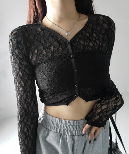 mocha2点ランダムメッシュショートボレロ黒白 2color 】フロントボタンショートレースカーディガン ／ front