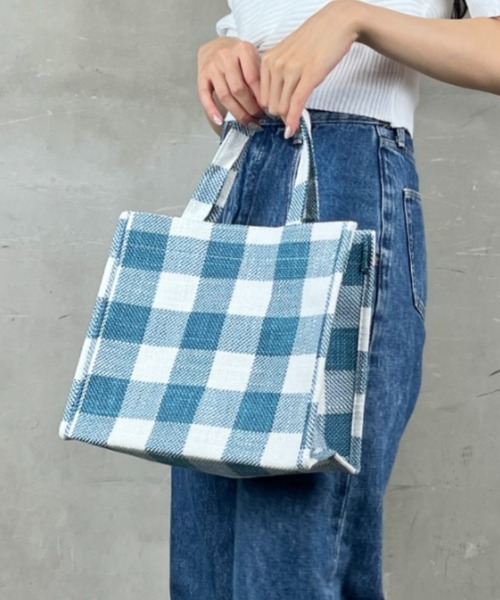 セール】【ブロックチェック】マチあり ナチュラルバッグ