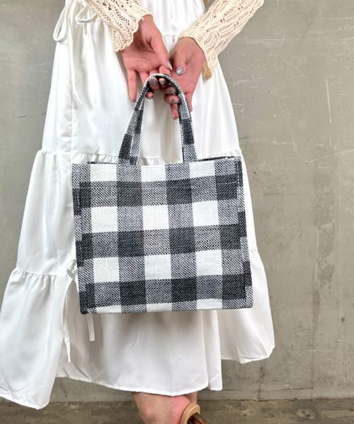 Loco Ocean（ロコオーシャン）の「【ブロックチェック】マチあり ナチュラルバッグ /  ハンドバッグ（トートバッグ・レディース・ブラック/ネイビー/レッド・ONE SIZE）」の2枚目の写真