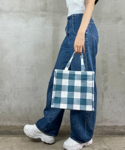 セール】【ブロックチェック】マチあり ナチュラルバッグ