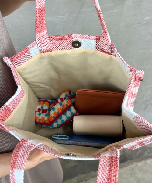 セール】【ブロックチェック】マチあり ナチュラルバッグ