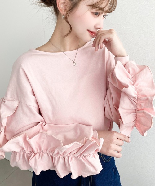 moment+(モーメントプラス)の「綿100%天竺. ボリュームフリルスリーブロングTシャツ(Tシャツ/カットソー・レディース・ブラック/ピンク/オフホワイト・M/L)」の3枚目の写真