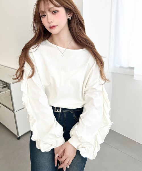 moment+(モーメントプラス)の「綿100%天竺. ボリュームフリルスリーブロングTシャツ(Tシャツ/カットソー・レディース・ブラック/ピンク/オフホワイト・M/L)」の16枚目の写真